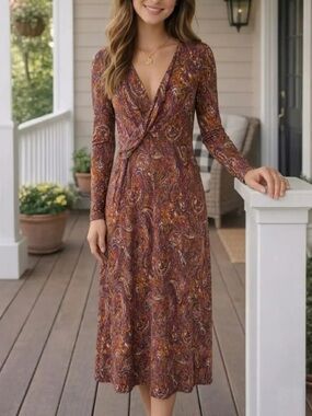 Mango Paisley Long-Sleeve Maxi Dress in Rust and Purple